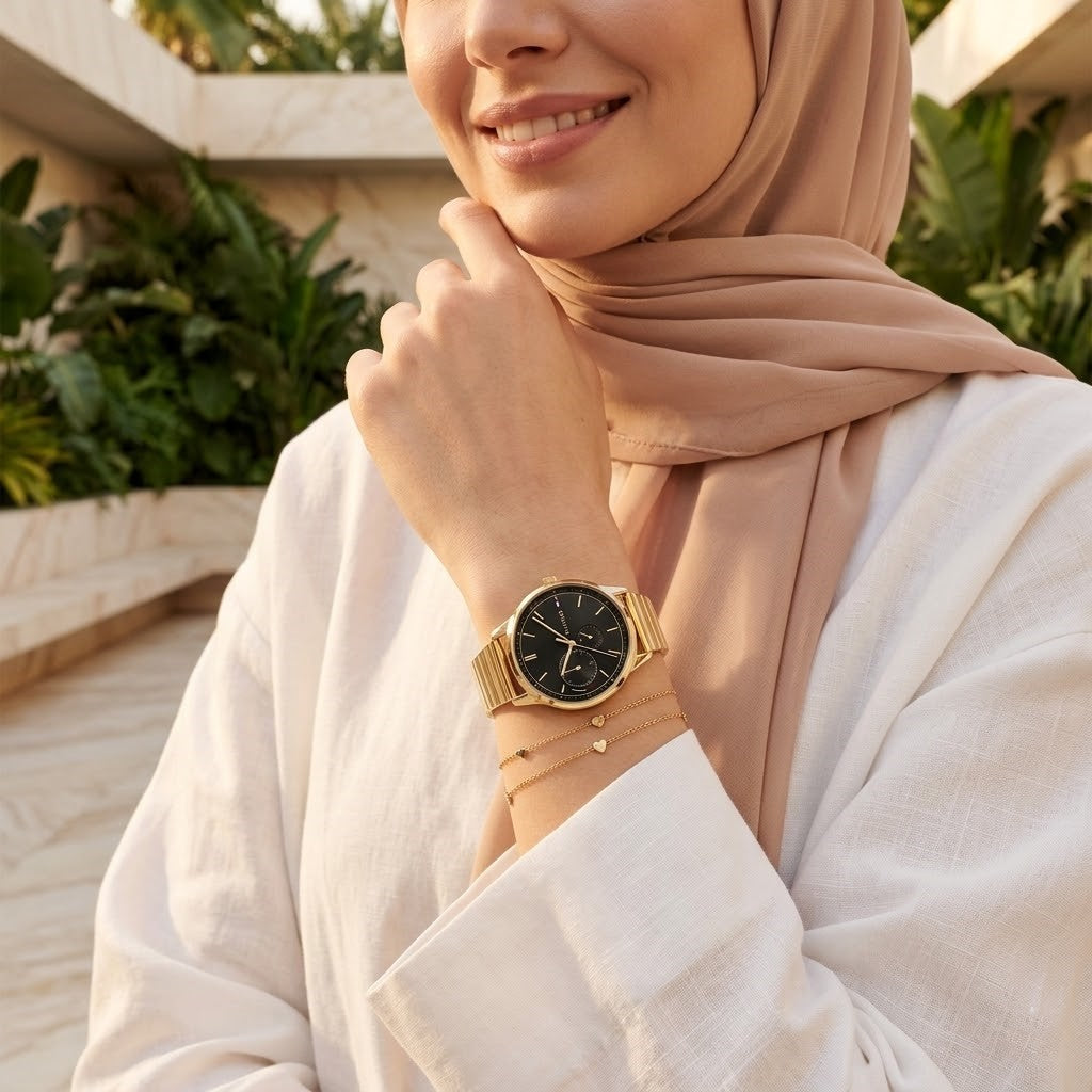 Lifestyle photo of Tommy Hilfiger 1782019 showing the elegant gold watch on a woman's wrist