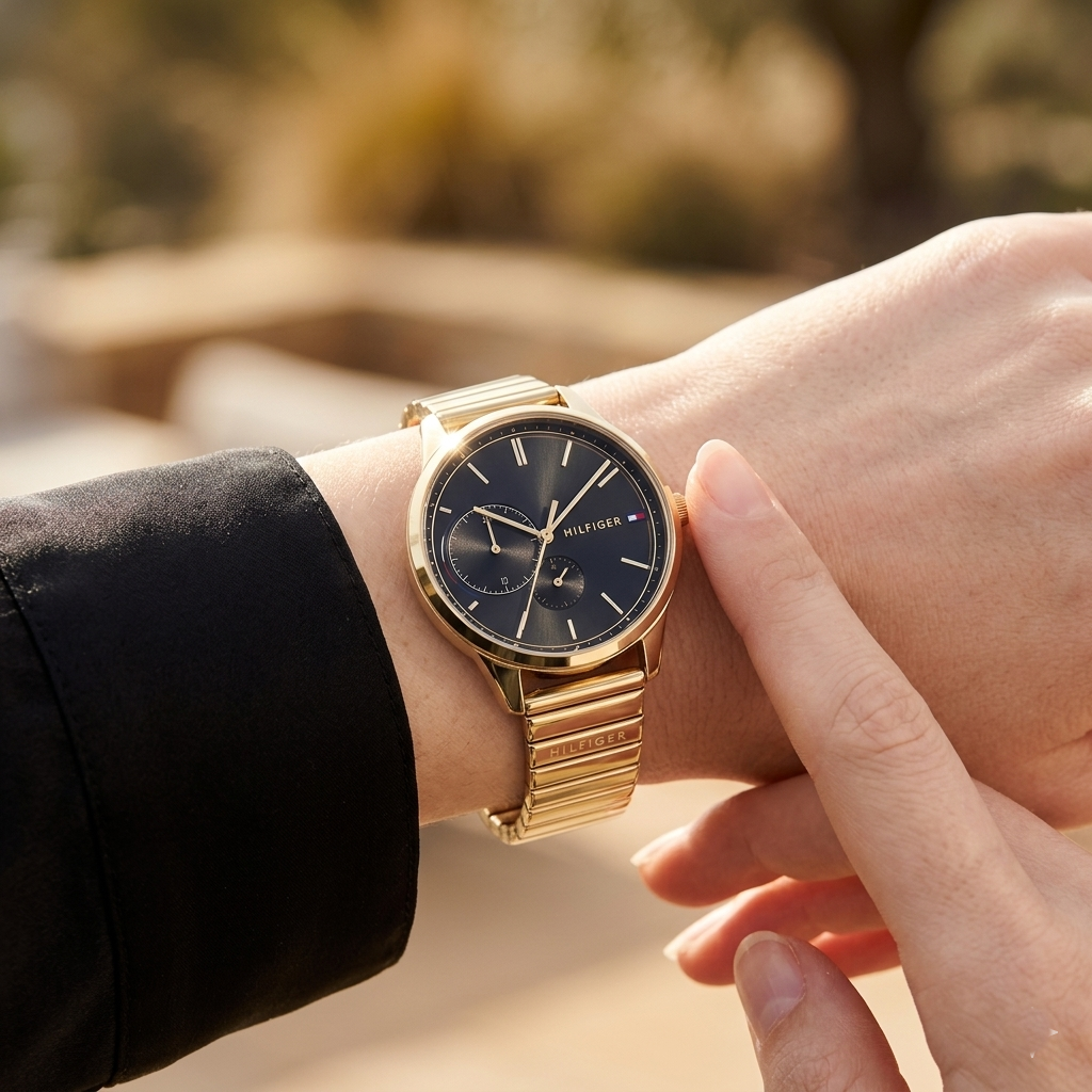 Close up shot of Tommy Hilfiger 1782019 on wrist showing black dial and gold-tone sub-dials
