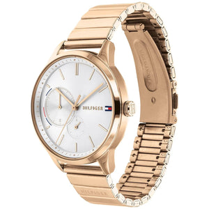 Angled real-life photo of Tommy Hilfiger 1782021 showing the polished rose gold case and silver dial