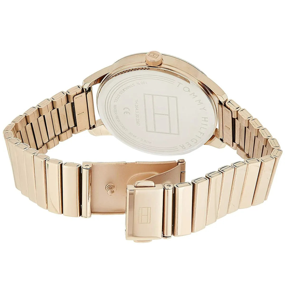 Photo of the rose gold-tone stainless steel deployment buckle on the Tommy Hilfiger 1782021