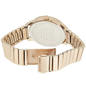 Photo of the rose gold-tone stainless steel deployment buckle on the Tommy Hilfiger 1782021