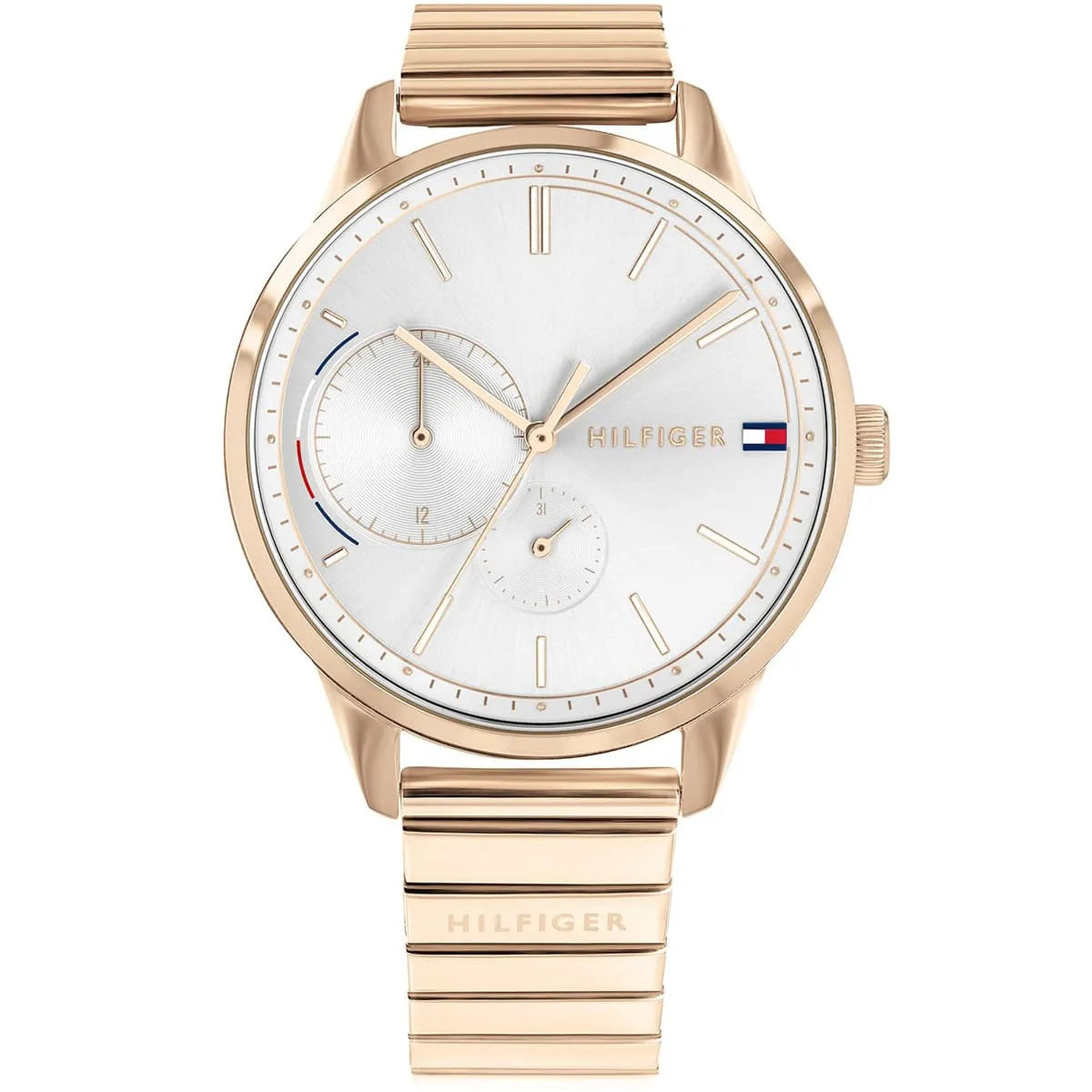 Authentic real-life photo of Tommy Hilfiger 1782021 showing actual rose gold finish and silver dial