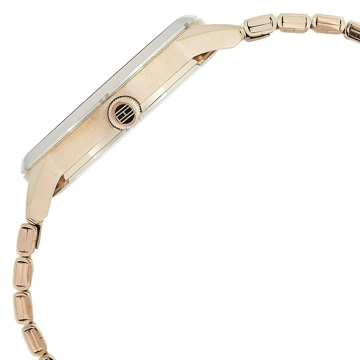 Side view photo of Tommy Hilfiger 1782021 showing case thickness and rose gold crown detail