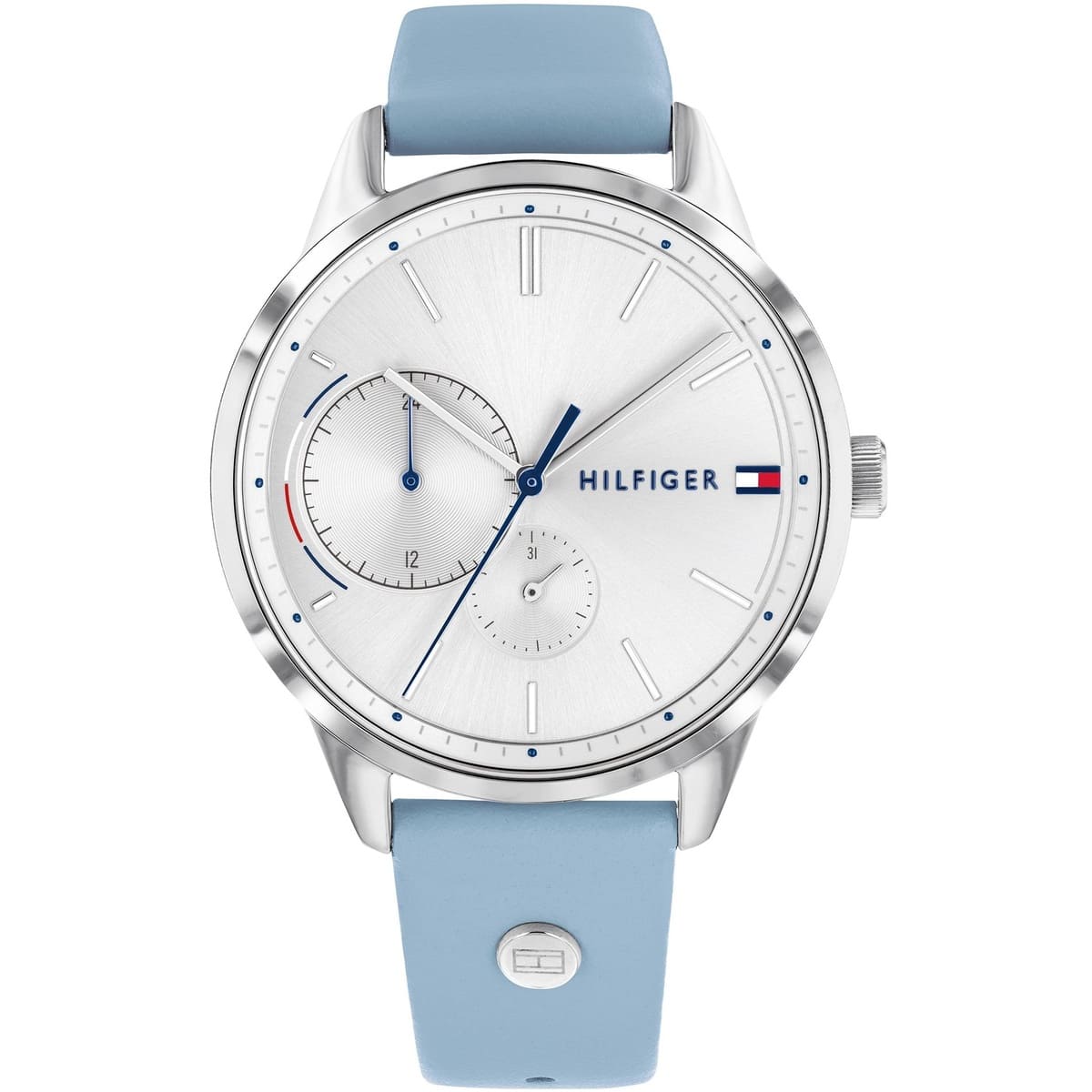 Tommy Hilfiger Brooke 1782023 women's watch featuring a 38mm silver-tone case, silver dial, and light blue genuine leather strap