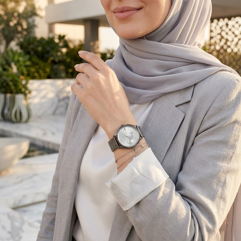 Lifestyle photo of Tommy Hilfiger 1782062 showing the elegant gunmetal watch on a woman's wrist