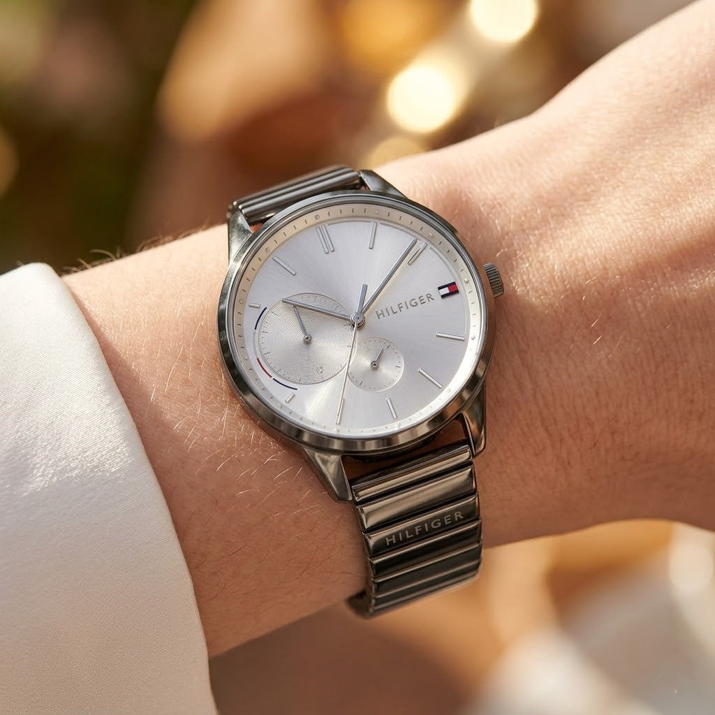 Silver Tommy Hilfiger watch on a wrist with a blurred background