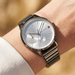 Close up shot of Tommy Hilfiger 1782062 on wrist showing silver dial and gunmetal sub-dials