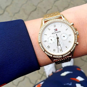 Tommy Hilfiger Ari 1782142 women's watch - white crystal dial gold steel strap