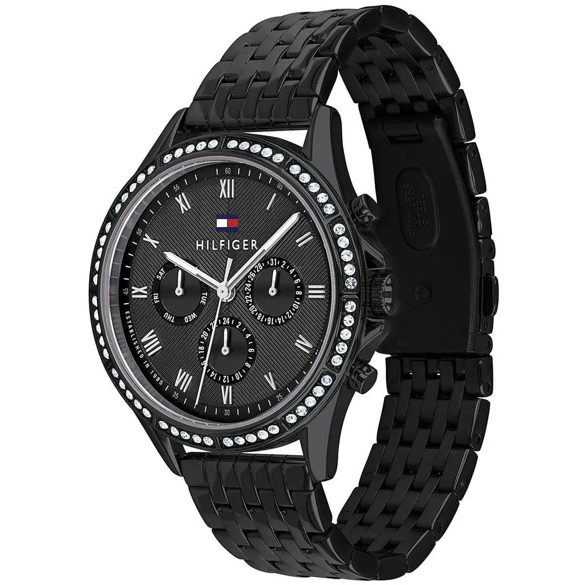 Angled real-life photo of Tommy Hilfiger 1782144 showing the polished black case and crystal detail