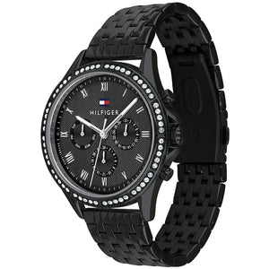 Angled real-life photo of Tommy Hilfiger 1782144 showing the polished black case and crystal detail