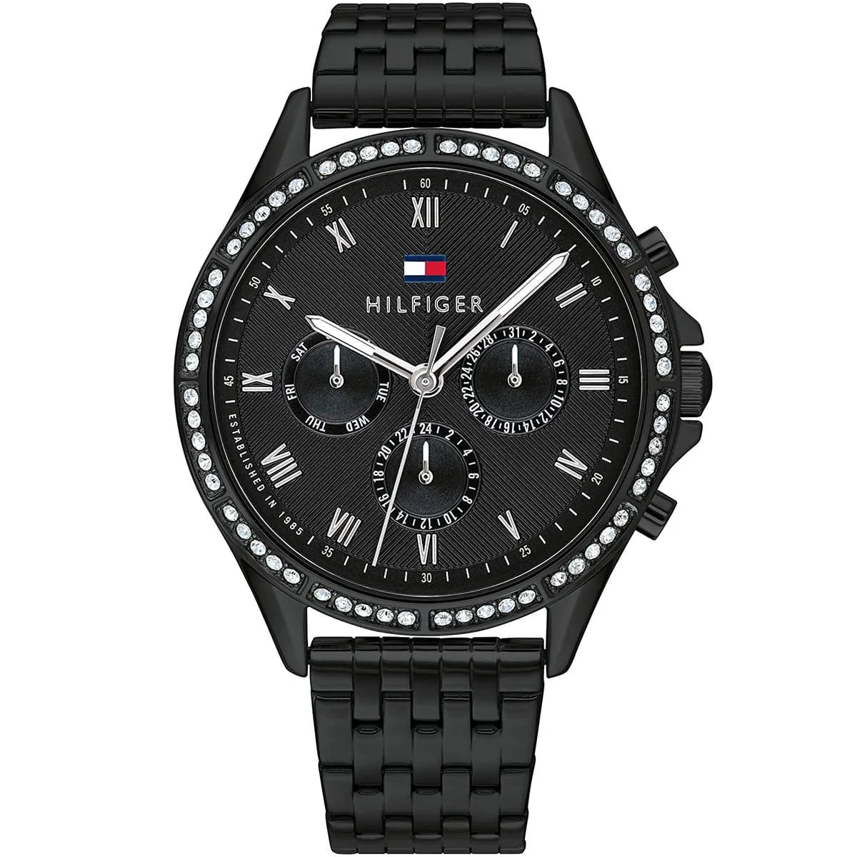 Authentic real-life photo of Tommy Hilfiger 1782144 showing actual all-black finish and crystal bezel