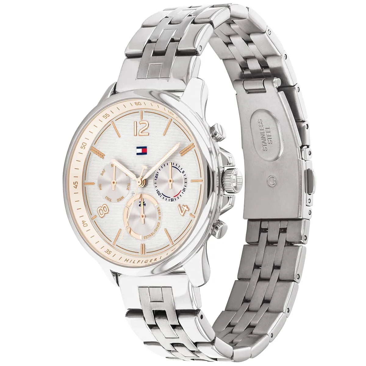 Perspective photo of Tommy Hilfiger 1782222 showing the side profile and silver bracelet finish