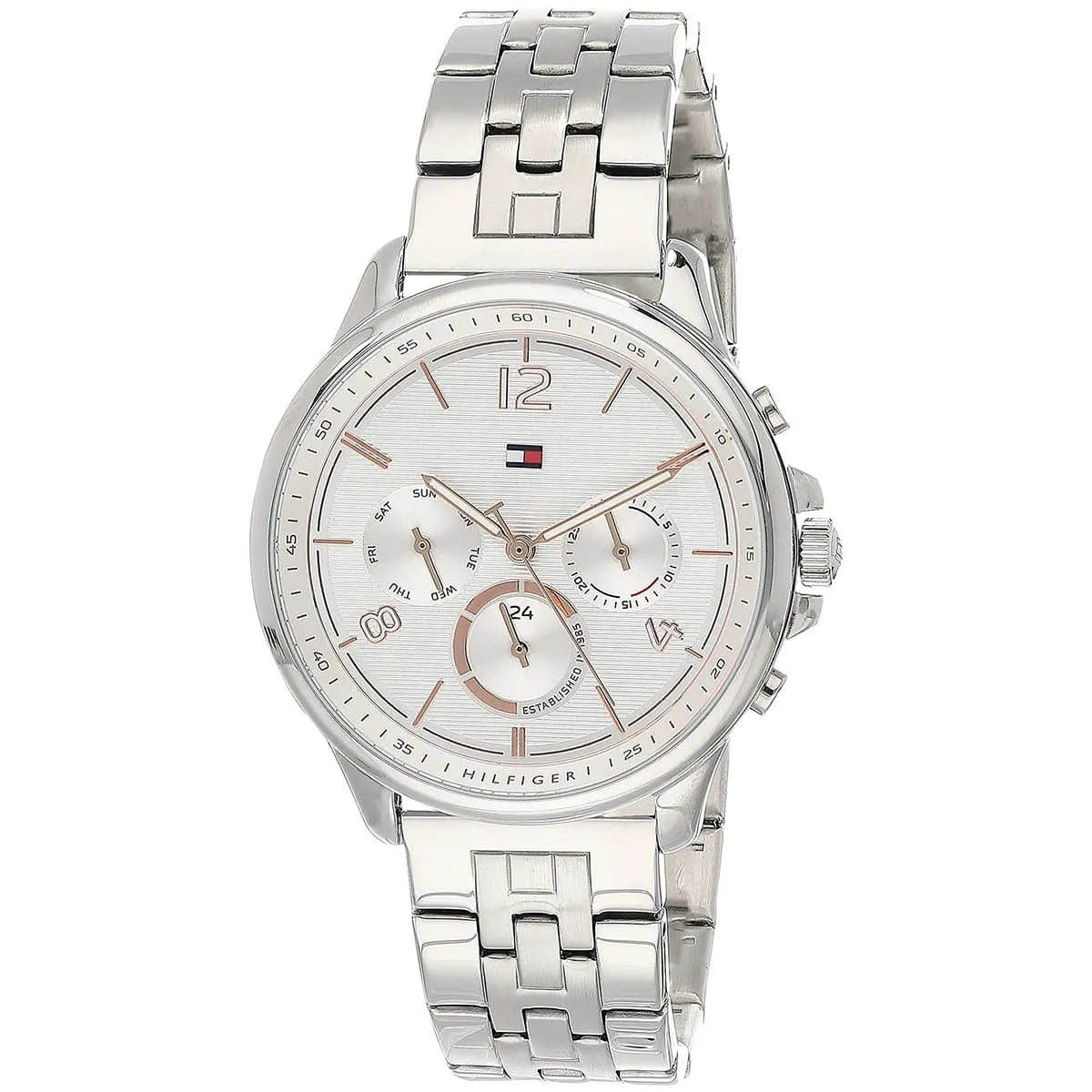 Angled real-life photo of Tommy Hilfiger 1782222 showing the polished silver case and white dial