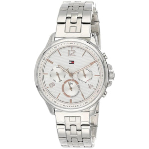 Angled real-life photo of Tommy Hilfiger 1782222 showing the polished silver case and white dial