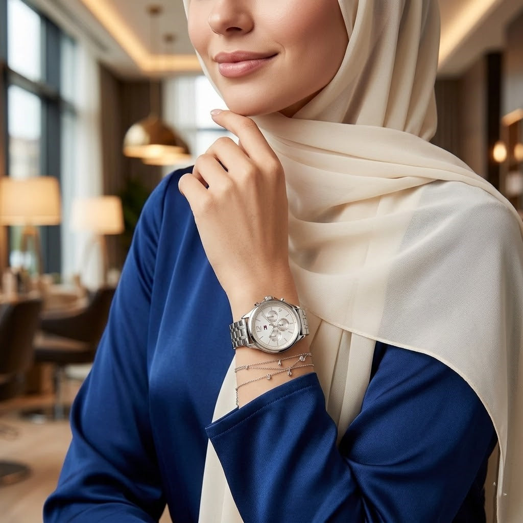 Lifestyle photo of Tommy Hilfiger 1782222 showing the elegant silver watch on a woman's wrist