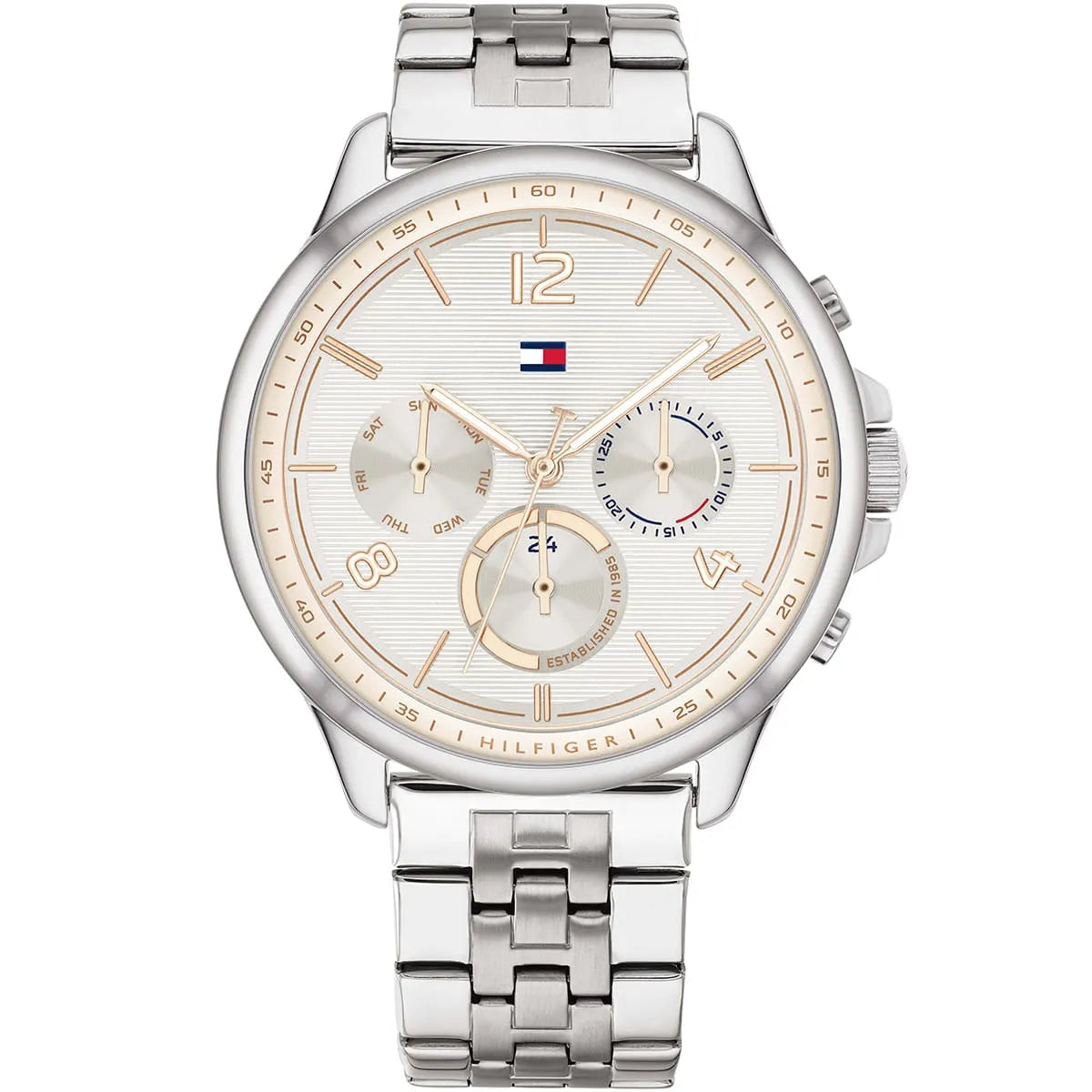 Authentic real-life photo of Tommy Hilfiger 1782222 showing actual silver finish and textured white dial