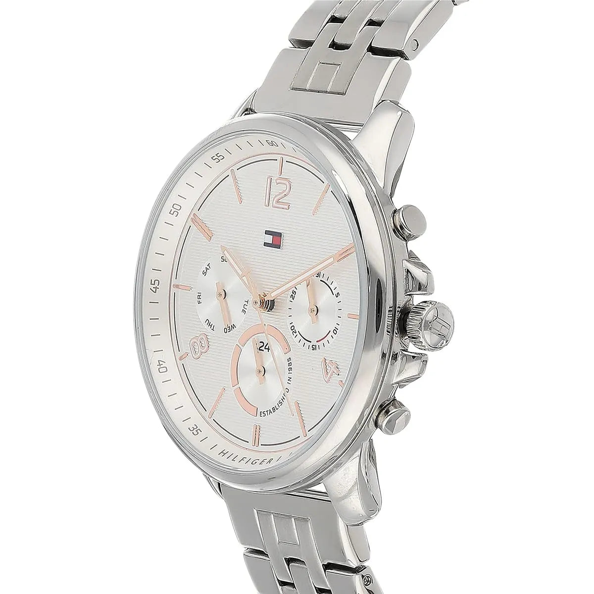Side view photo of Tommy Hilfiger 1782222 showing case thickness and silver crown detail