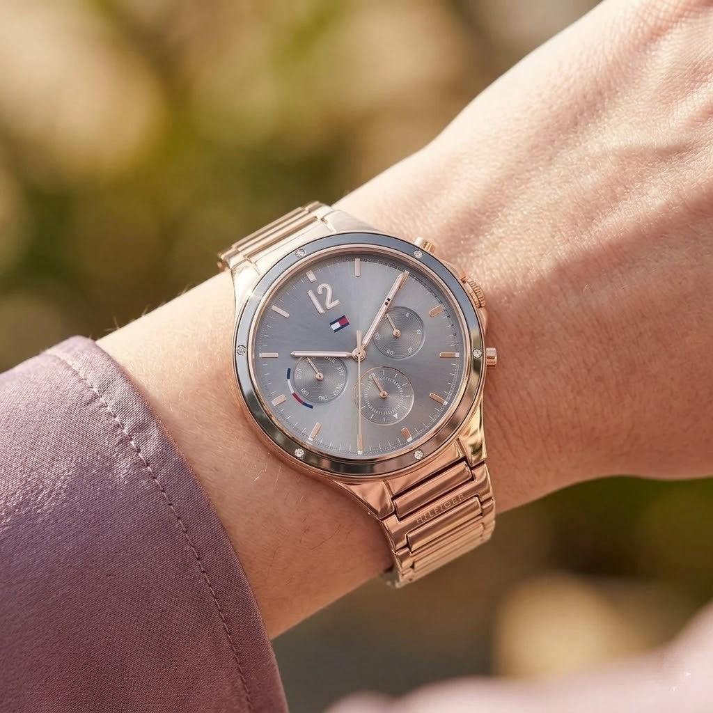 Close up shot of Tommy Hilfiger 1782277 on wrist showing grey crystal bezel and gold-tone hands