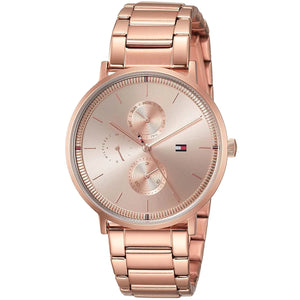 Angled real-life photo of Tommy Hilfiger 1782296 showing the polished rose gold case and dial