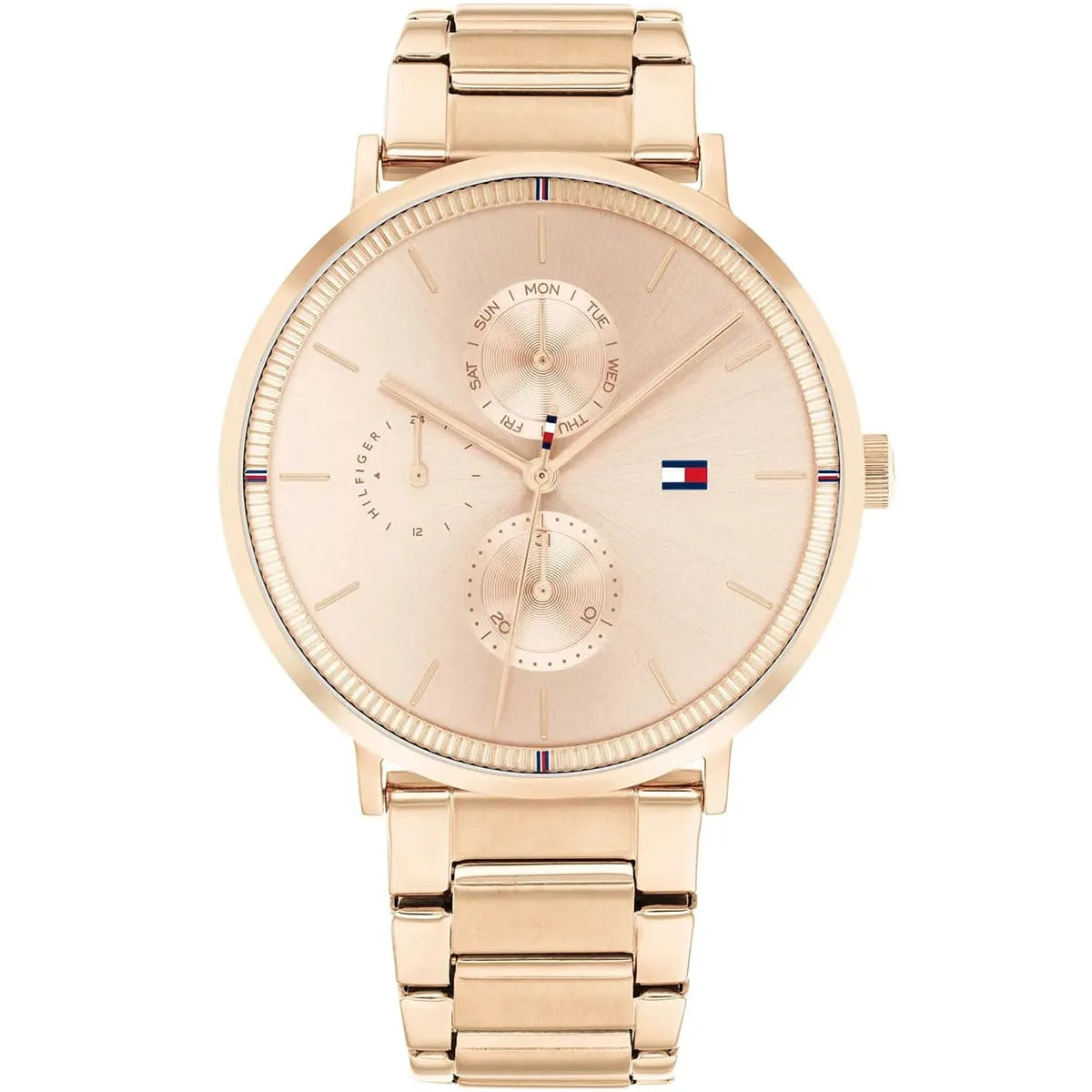 Authentic real-life photo of Tommy Hilfiger 1782296 showing actual rose gold finish and sunray dial