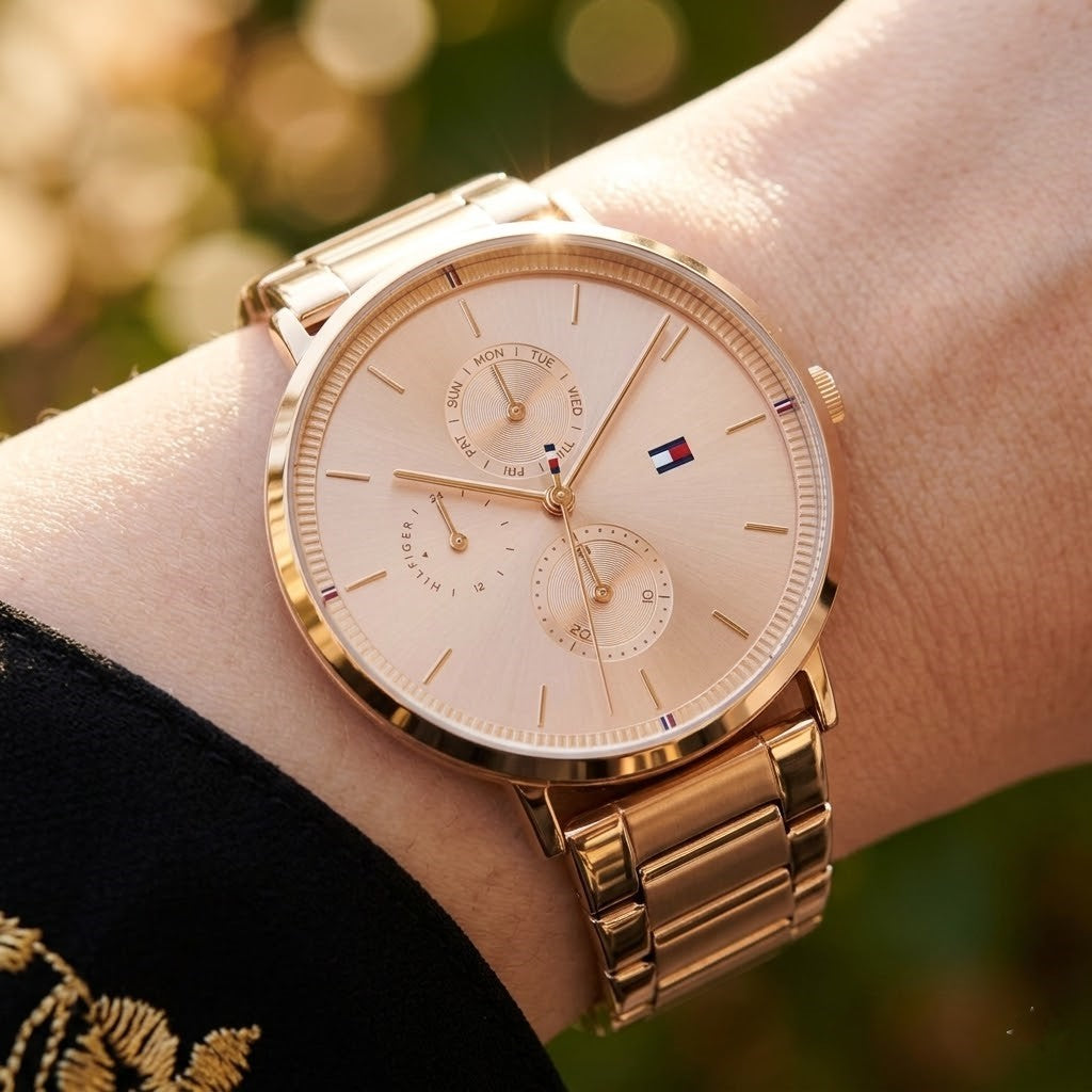 Close up shot of Tommy Hilfiger 1782296 on wrist showing rose gold dial and multi-function sub-dials