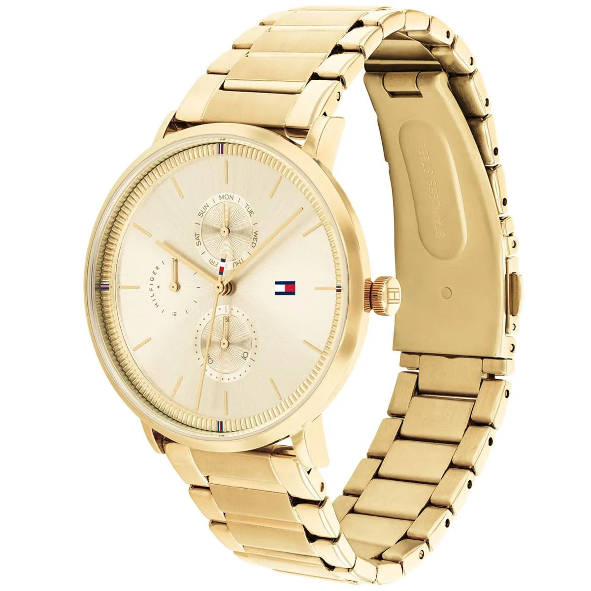 Angled real-life photo of Tommy Hilfiger 1782297 showing the polished gold case and dial