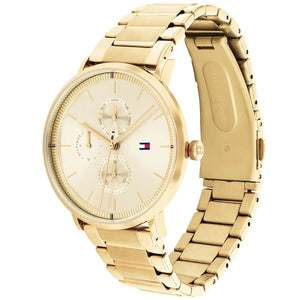 Angled real-life photo of Tommy Hilfiger 1782297 showing the polished gold case and dial