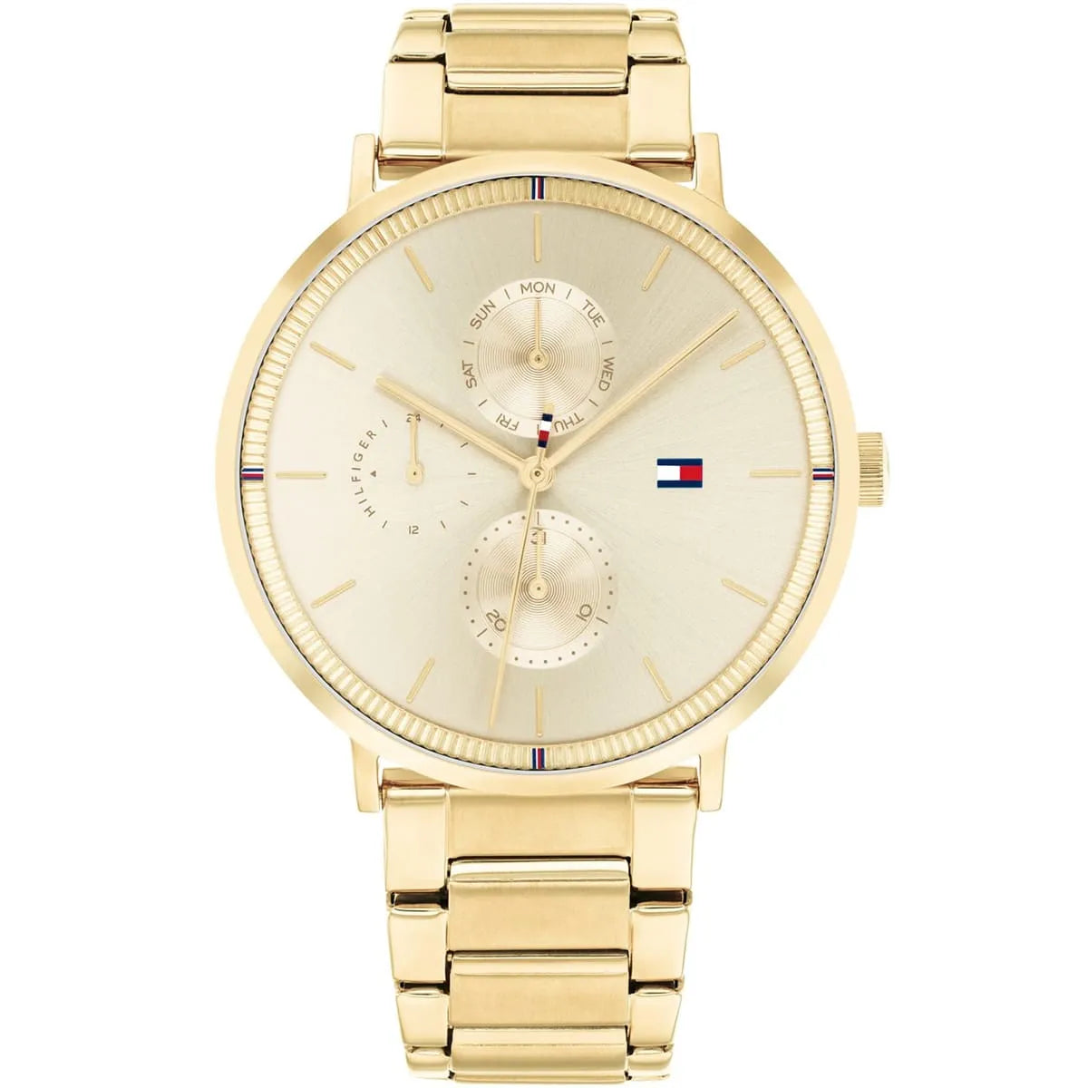 Authentic real-life photo of Tommy Hilfiger 1782297 showing actual gold finish and sunray dial