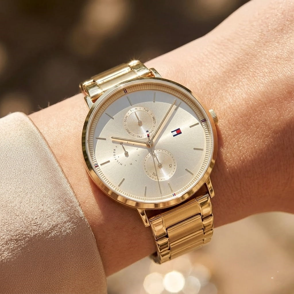 Close up shot of Tommy Hilfiger 1782297 on wrist showing gold dial and multi-function sub-dials