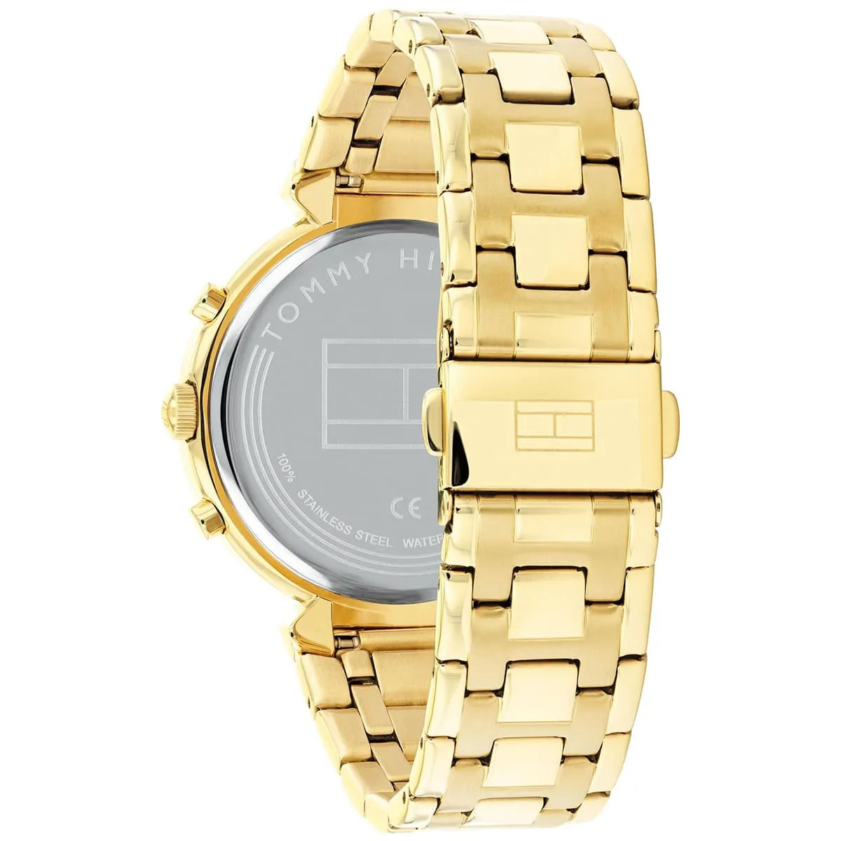 Gold-tone deployment clasp on Tommy Hilfiger Ivy 1782344 women's quartz battery metal bracelet watch