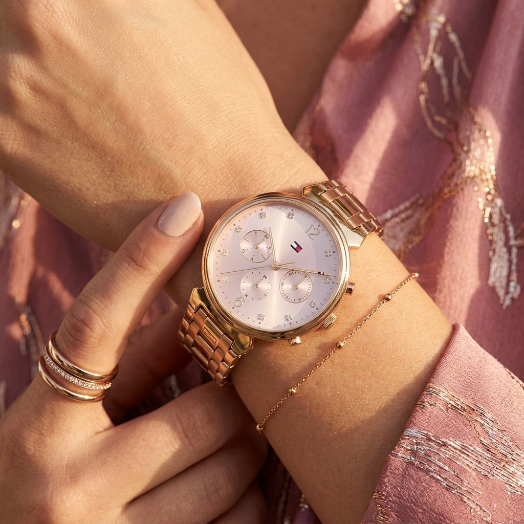 Elegant woman wearing Tommy Hilfiger Ivy 1782345 women's quartz battery watch with rose gold-tone case and luxury pink dial