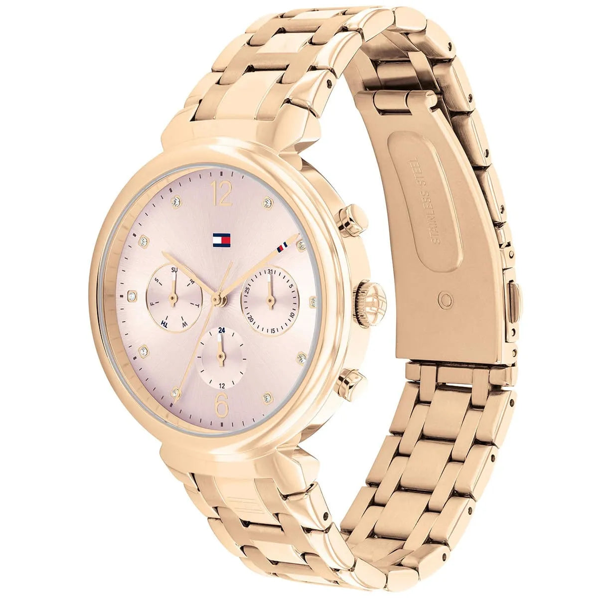 Side profile of Tommy Hilfiger Ivy 1782345 women's quartz battery watch showing 9mm thickness and rose gold finish
