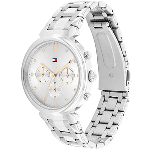 Right angled view of Tommy Hilfiger Ivy 1782346 women's quartz battery watch highlighting silver finish and crystal dial details