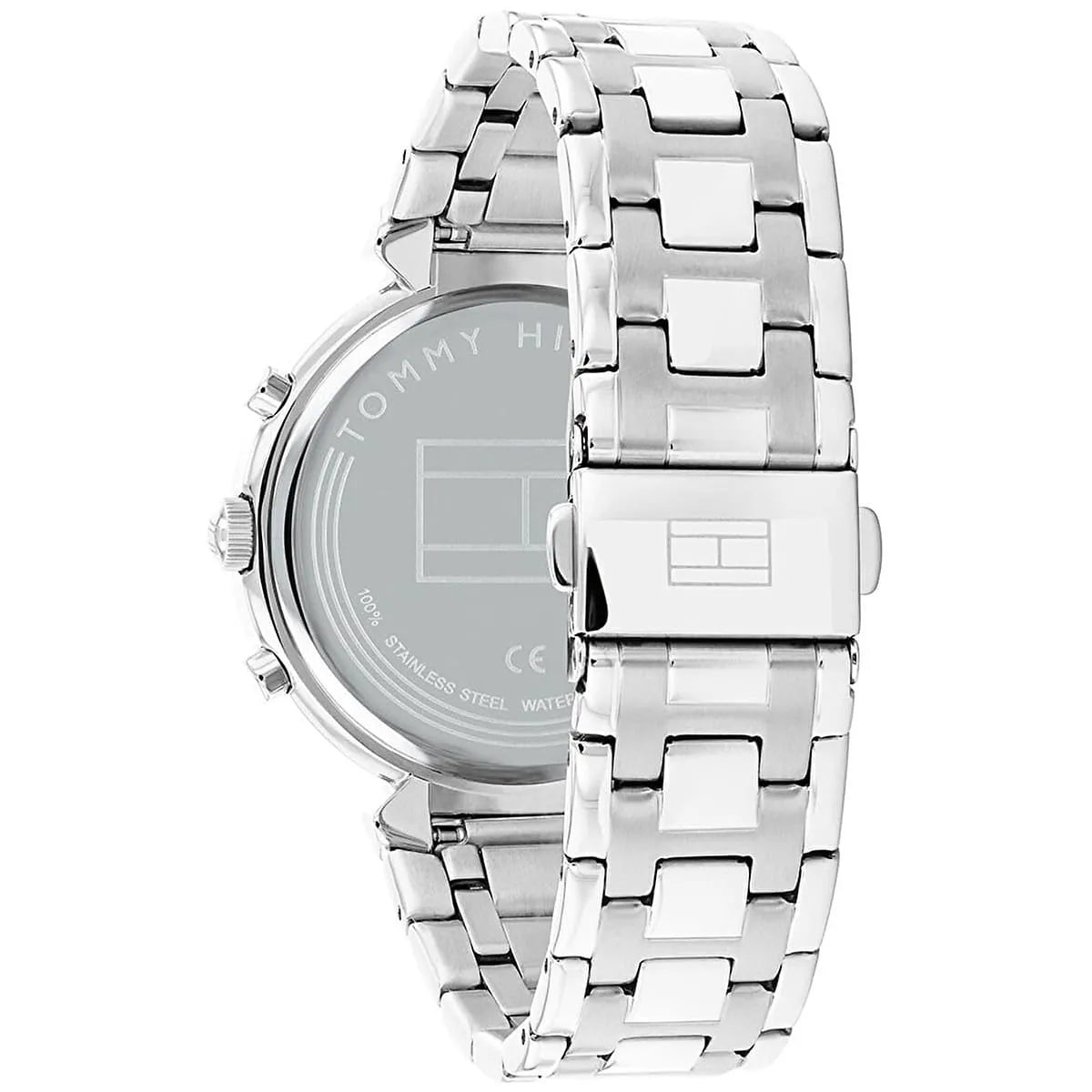 Silver-tone deployment clasp on Tommy Hilfiger Ivy 1782346 women's quartz battery metal bracelet watch