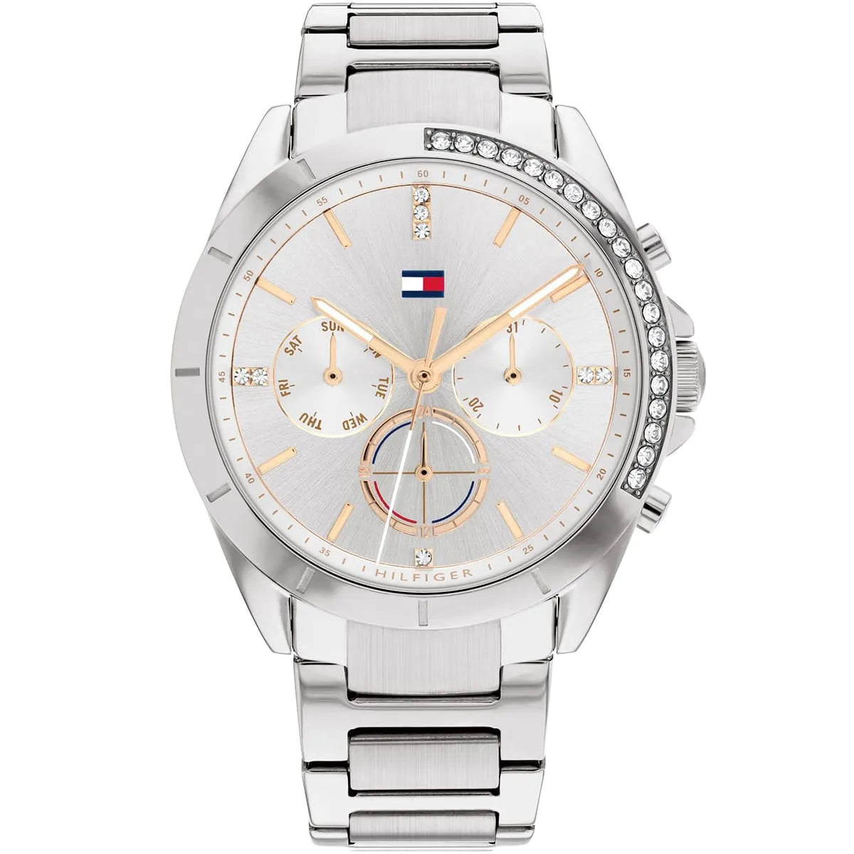 Tommy Hilfiger Kennedy 1782384 women's watch featuring a full silver-tone stainless steel design, crystal bezel accents, and rose gold dial details