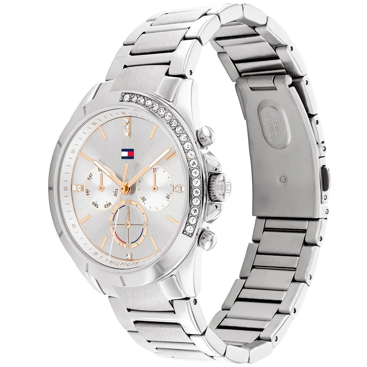 Side profile view showing the 9mm case thickness and polished silver finish of the Tommy Hilfiger 1782384