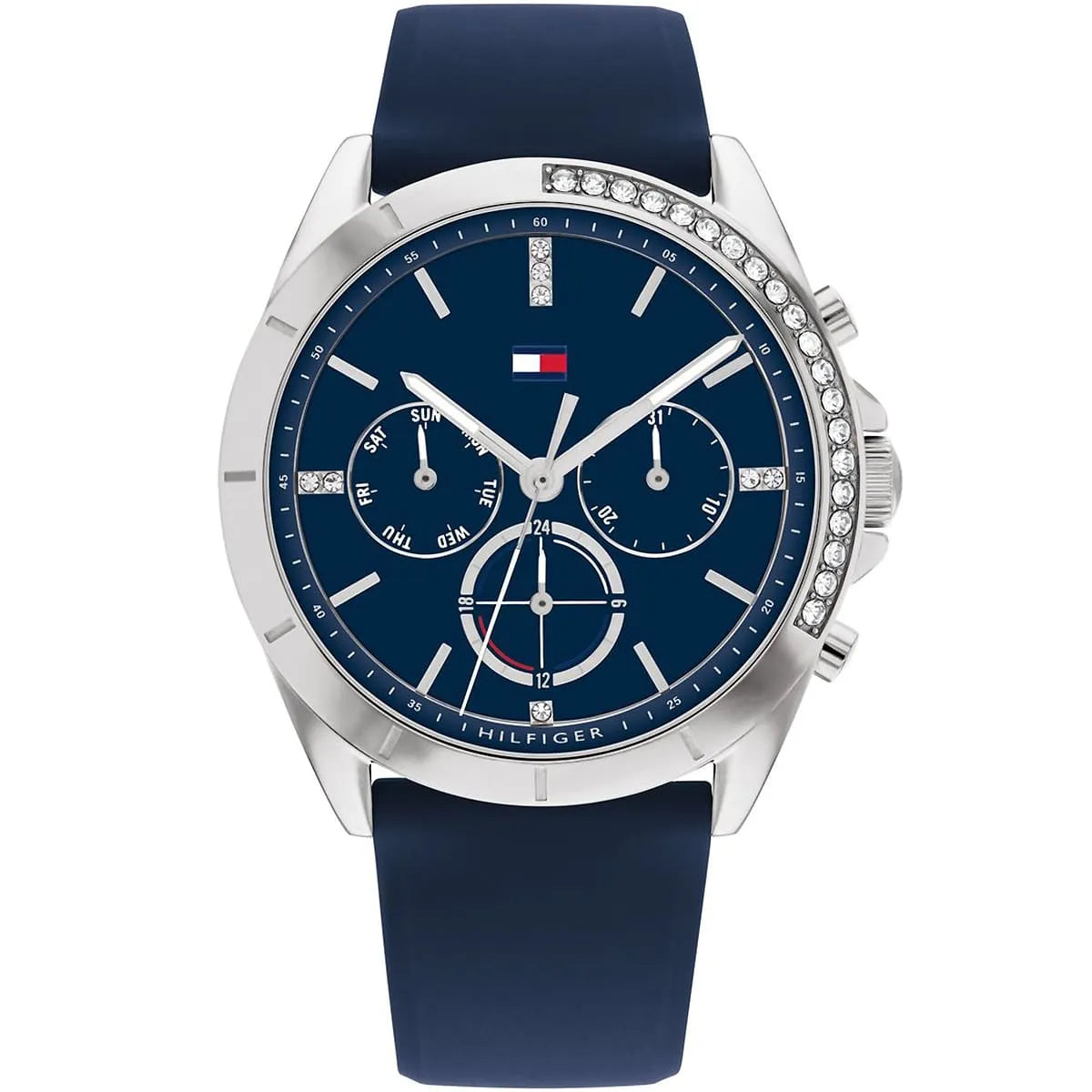 Tommy Hilfiger Kennedy 1782389 women's watch featuring a silver-tone case with crystal accents, navy blue dial, and navy blue rubber strap