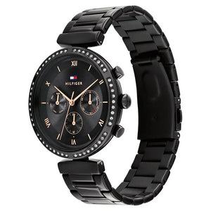 Angled real-life photo of Tommy Hilfiger 1782390 showing the polished black case and crystal detail