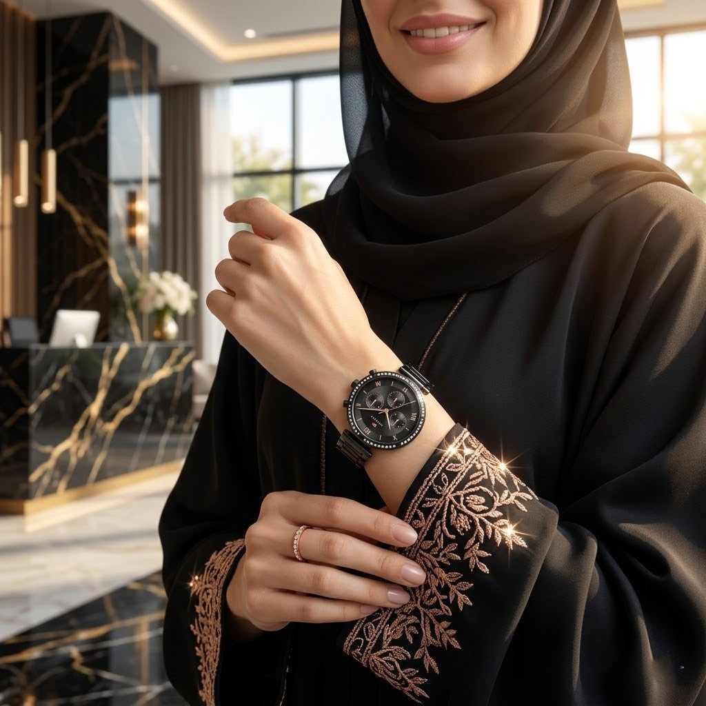 Lifestyle photo of Tommy Hilfiger 1782390 showing the bold black watch on a woman's wrist