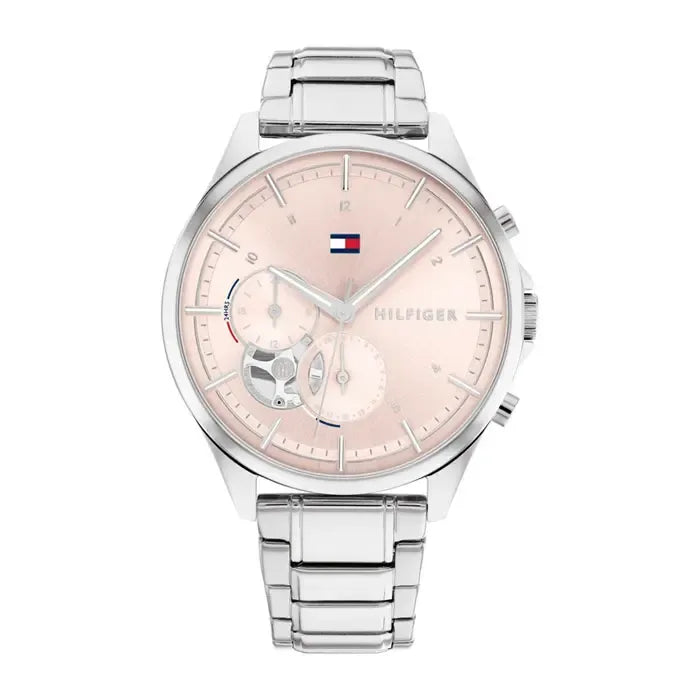 Authentic real-life photo of Tommy Hilfiger 1782414 showing actual silver finish and pale pink dial