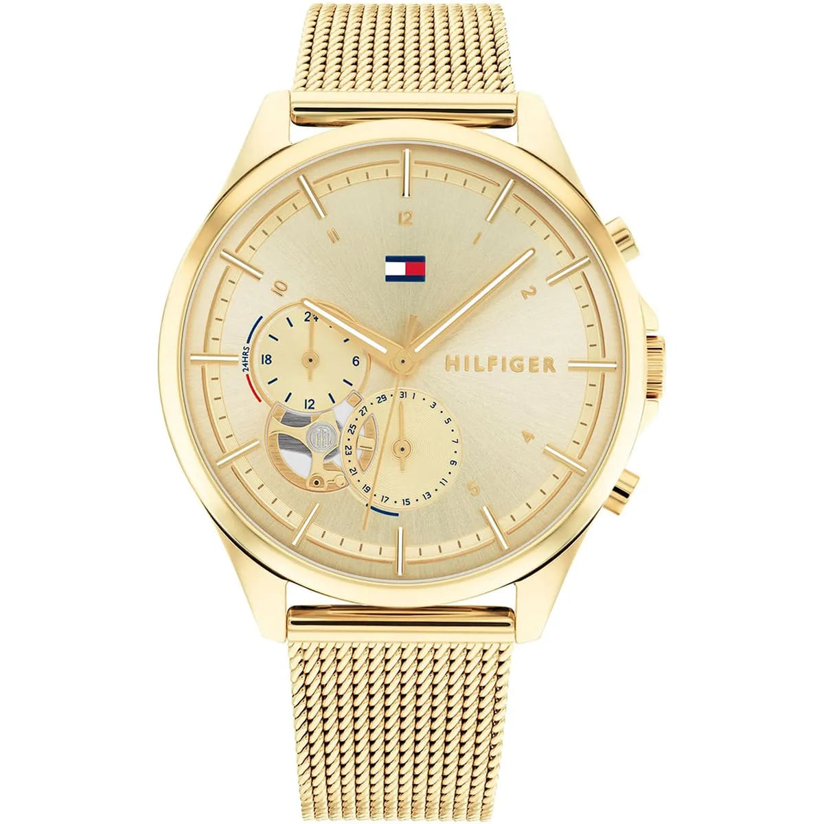 Tommy Hilfiger Lori 1782417 women's watch featuring a gold-tone stainless steel case, champagne multi-function dial, and mesh bracelet
