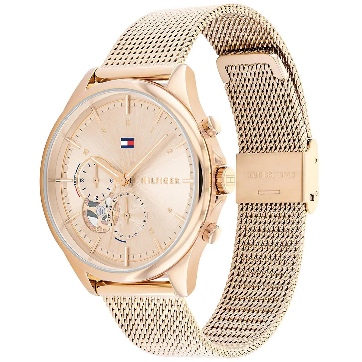 Right angled view of Tommy Hilfiger Quinn 1782486 women's quartz battery watch highlighting rose gold finish and multi-function dial details