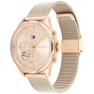 Right angled view of Tommy Hilfiger Quinn 1782486 women's quartz battery watch highlighting rose gold finish and multi-function dial details