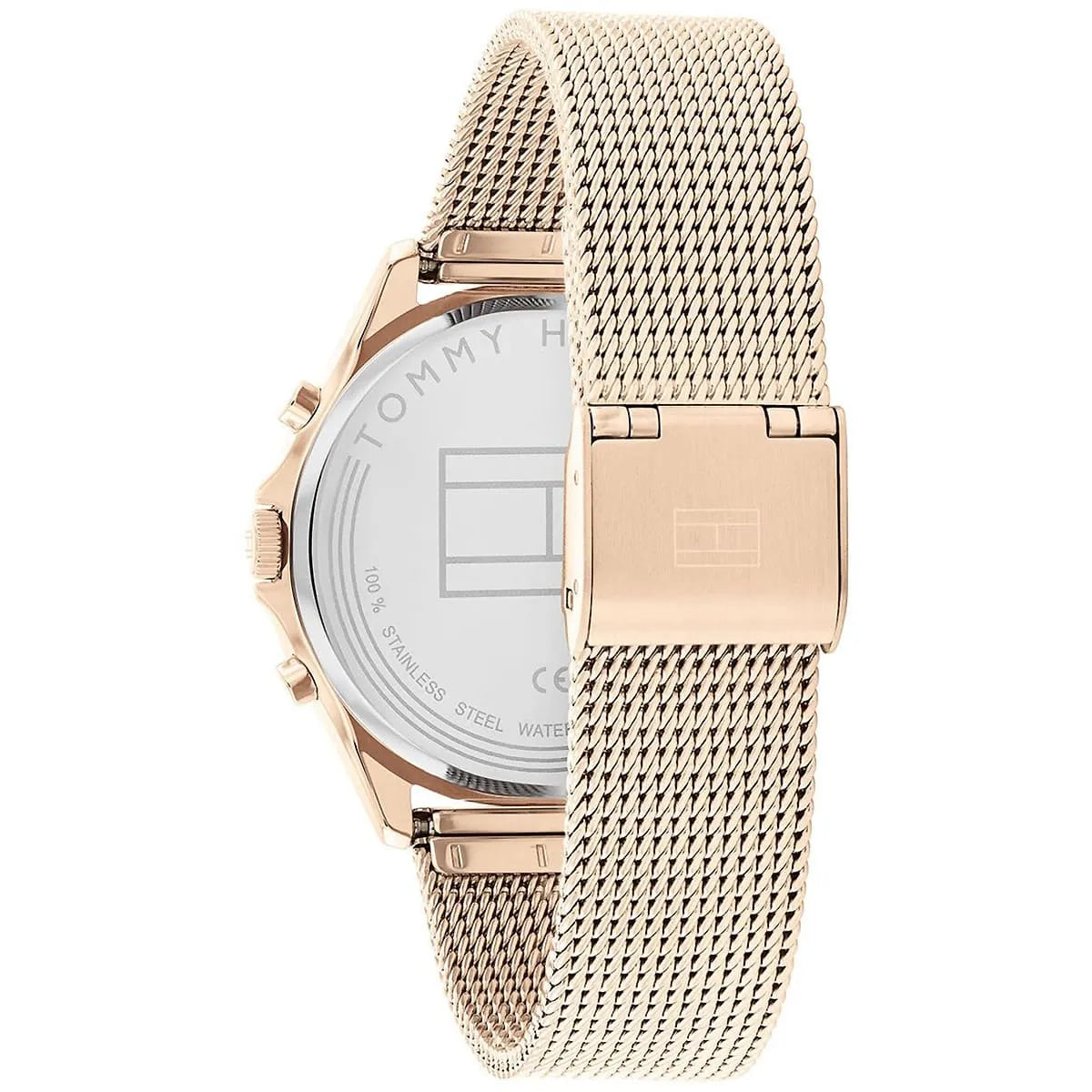 Rose gold-tone sliding buckle clasp on Tommy Hilfiger Quinn 1782486 women's quartz battery mesh bracelet watch