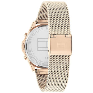 Rose gold-tone sliding buckle clasp on Tommy Hilfiger Quinn 1782486 women's quartz battery mesh bracelet watch
