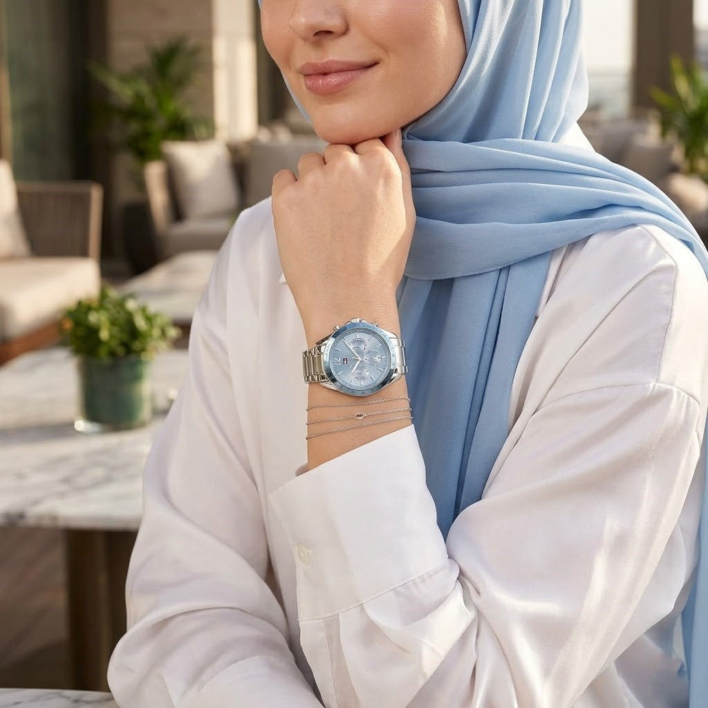 Lifestyle photo of Tommy Hilfiger 1782554 showing the elegant silver watch on a woman's wrist