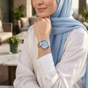 Lifestyle photo of Tommy Hilfiger 1782554 showing the elegant silver watch on a woman's wrist