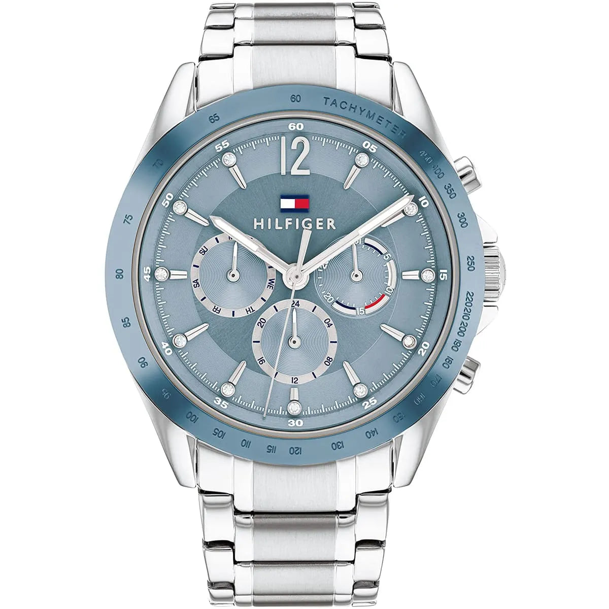 Authentic real-life photo of Tommy Hilfiger 1782554 showing actual silver finish and light blue dial