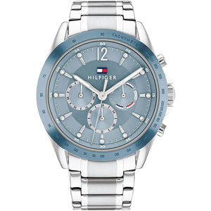Authentic real-life photo of Tommy Hilfiger 1782554 showing actual silver finish and light blue dial