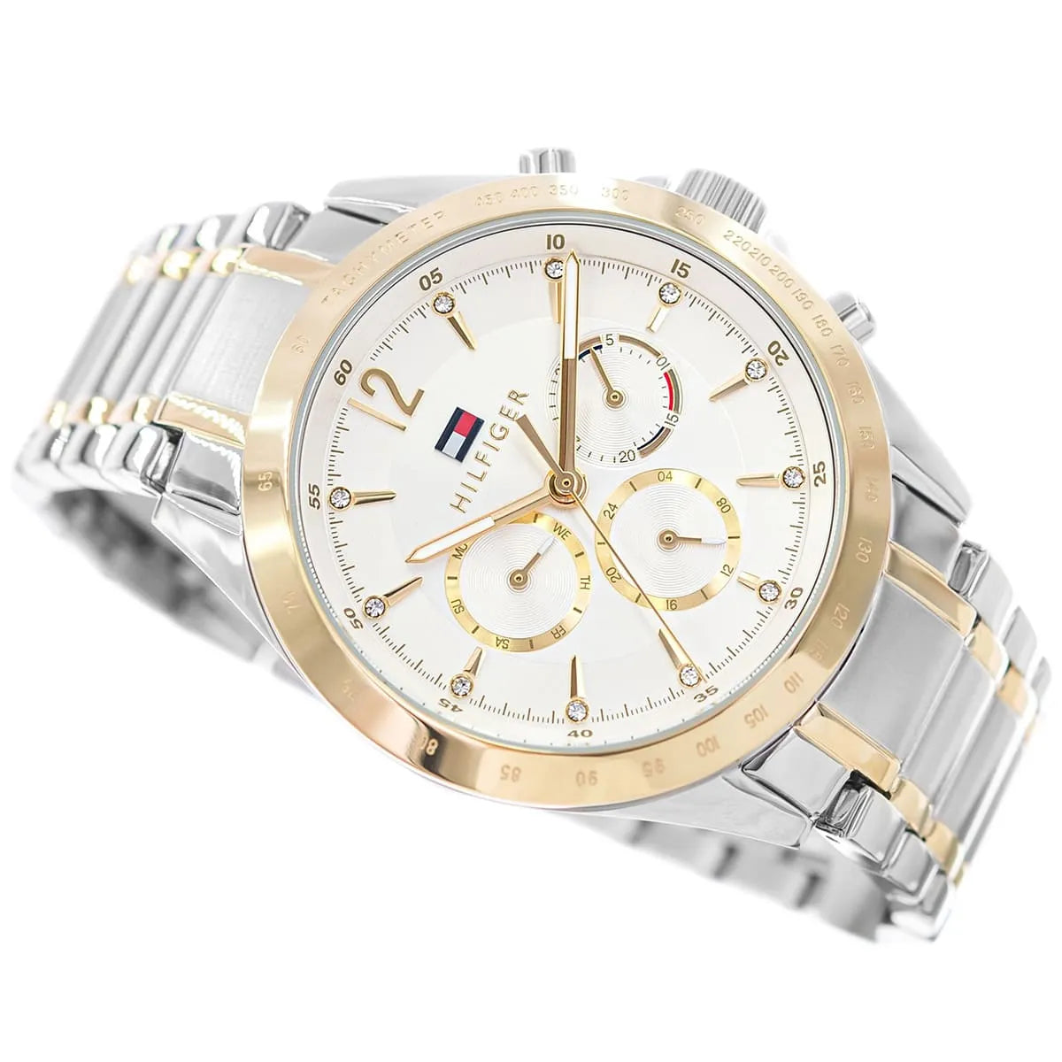 Perspective photo of Tommy Hilfiger 1782555 showing the side profile and two-tone bracelet finish